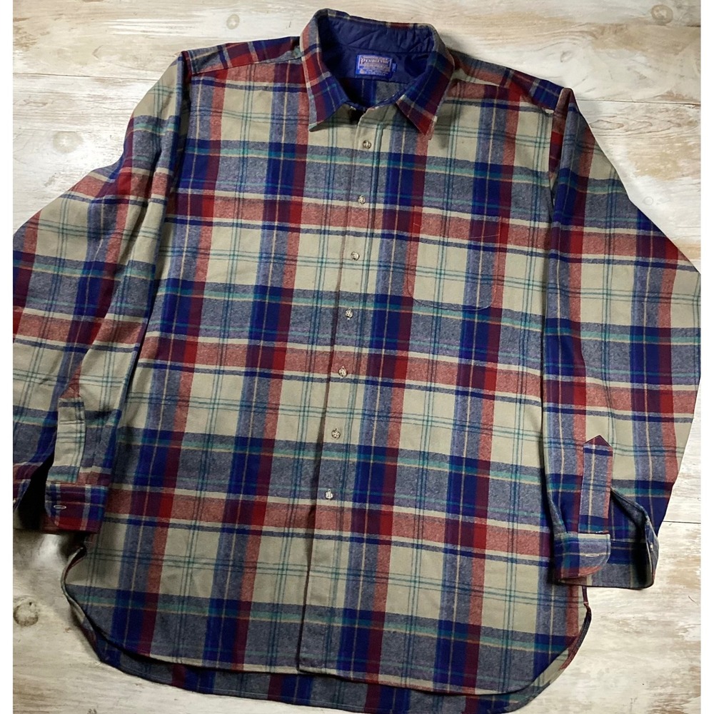 Pendleton Wool Board Shirt Mens 3XT Tall Plaid Button Down Tan Blue Red USA